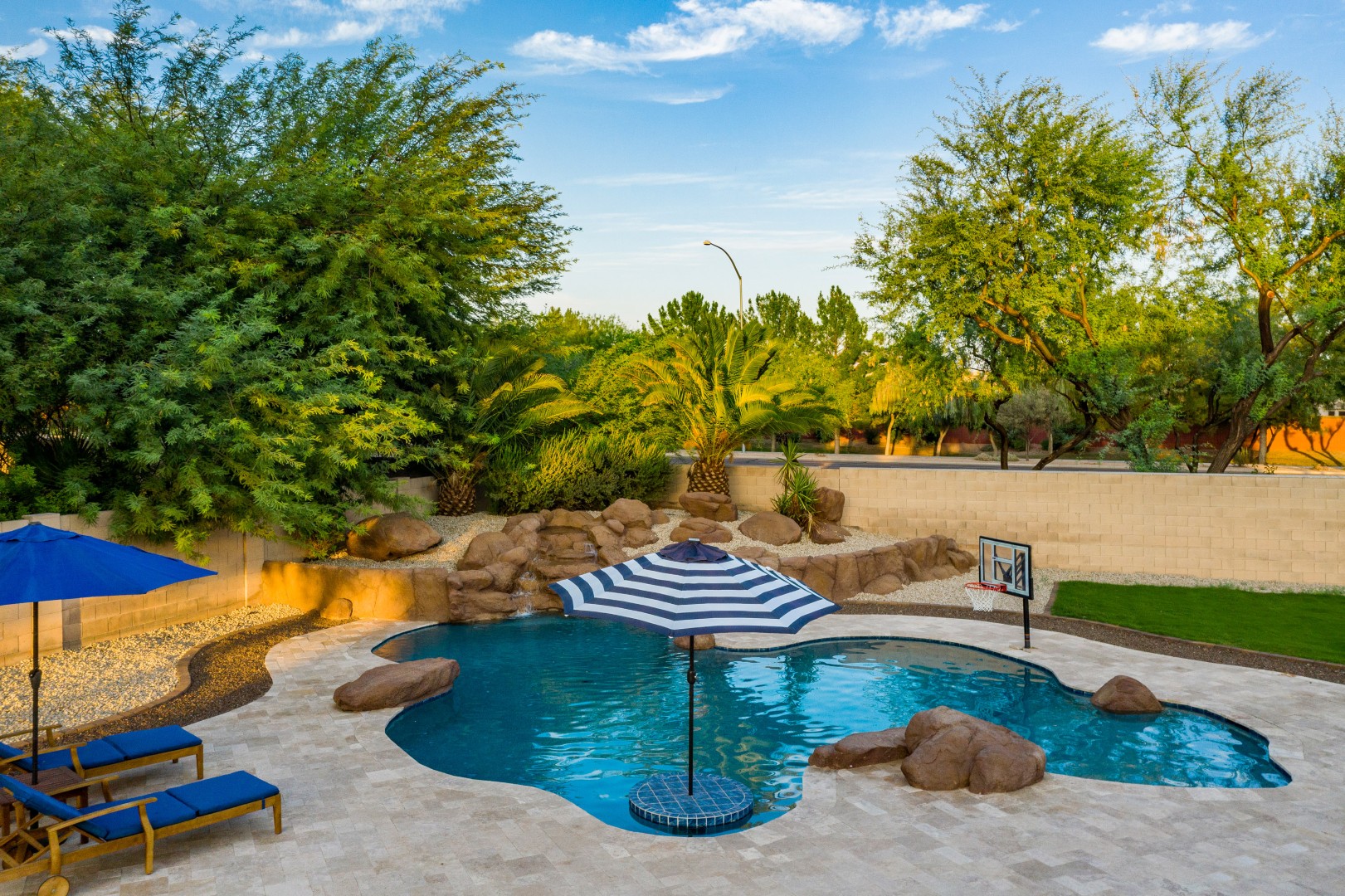 Aerial view of custom freeform pool and backyard on Lobo Avenue in Mesa, AZ by Envy Pools