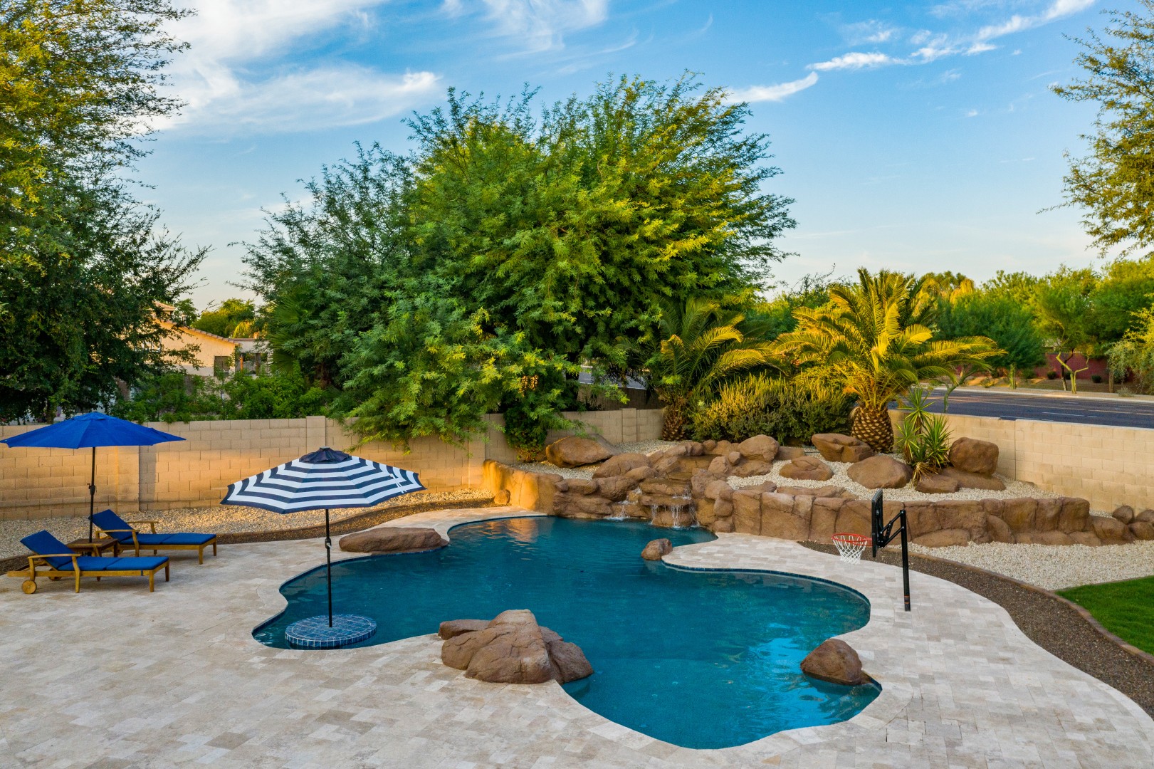 Aerial view of custom freeform pool and backyard on Lobo Avenue in Mesa, AZ by Envy Pools