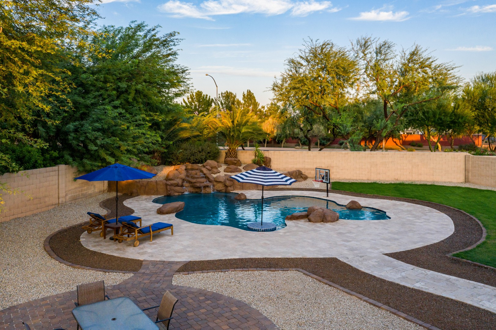 Aerial view of custom freeform pool and backyard on Lobo Avenue in Mesa, AZ by Envy Pools