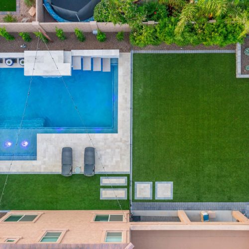 Aerial overhead pool and lawn at a Queen Creek, AZ home