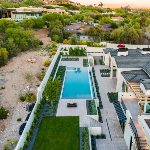 Aerial view of custom pool and backyard on Joshua Tree in Paradise Valley, AZ by Envy Pools