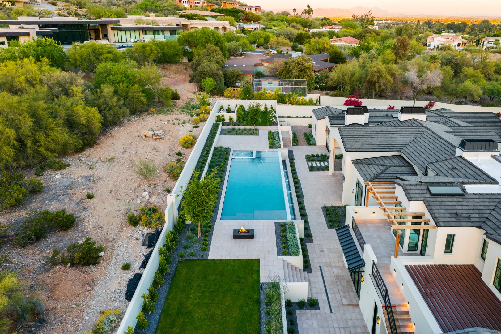 Aerial view of custom pool and backyard on Joshua Tree in Paradise Valley, AZ by Envy Pools
