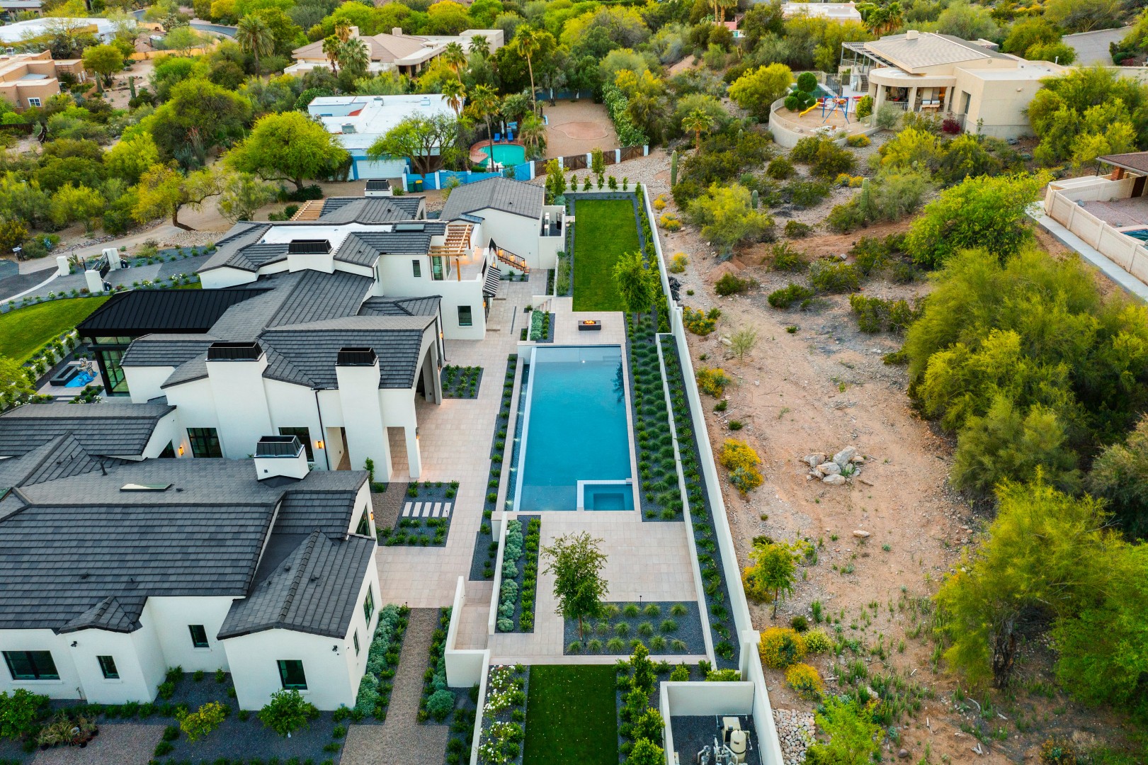 Aerial view of custom pool and backyard on Joshua Tree in Paradise Valley, AZ by Envy Pools