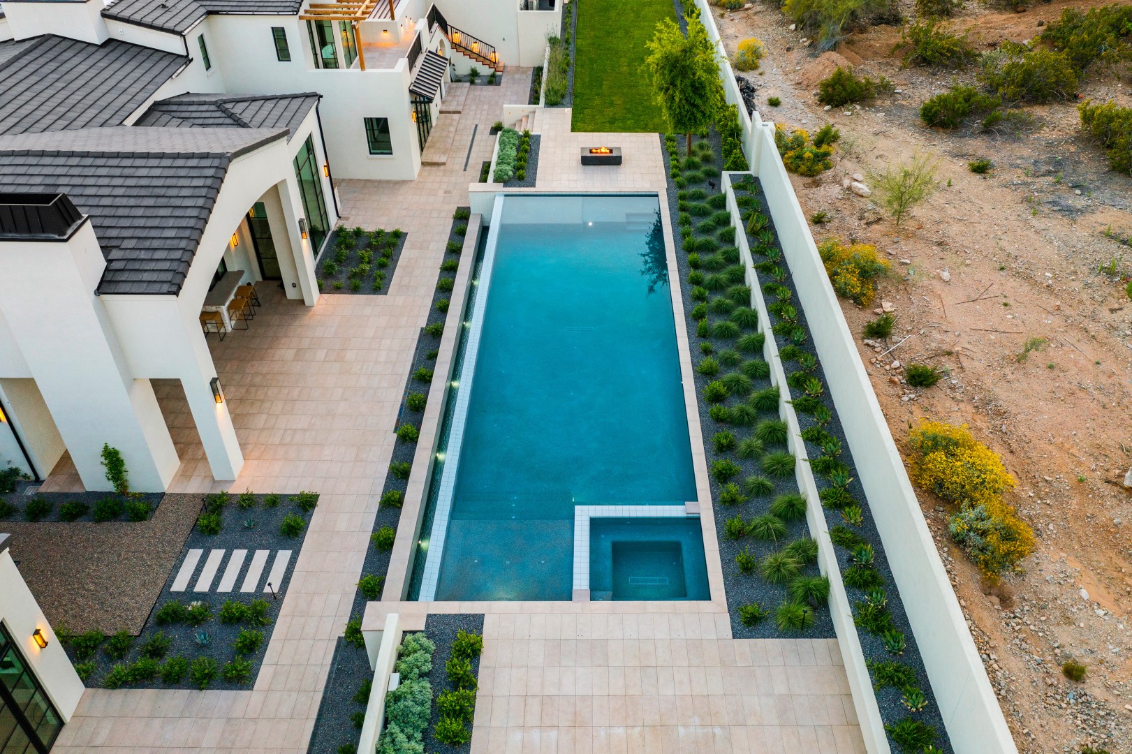 Aerial view of custom pool and backyard on Joshua Tree in Paradise Valley, AZ by Envy Pools