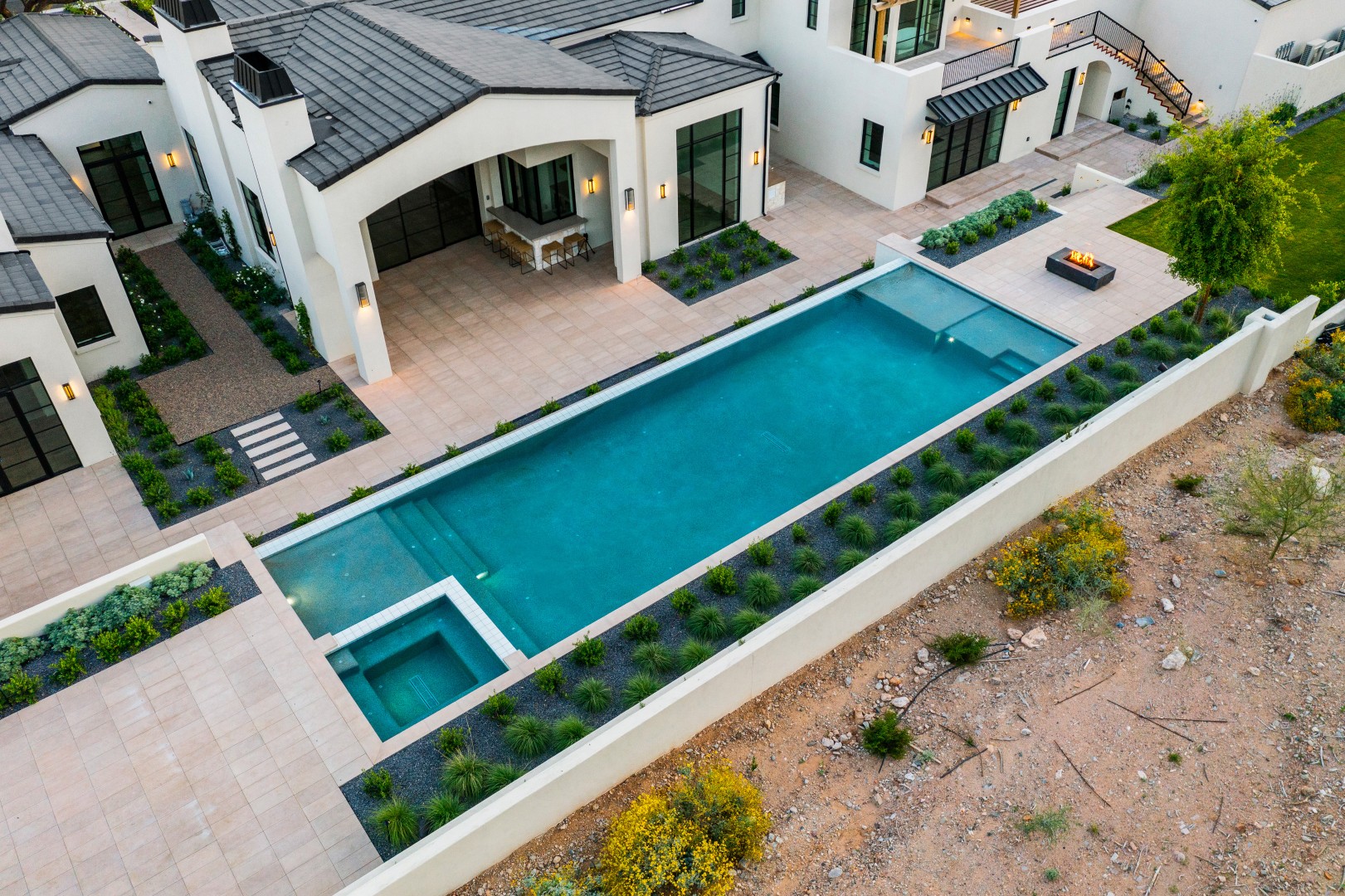 Aerial view of custom pool and backyard on Joshua Tree in Paradise Valley, AZ by Envy Pools