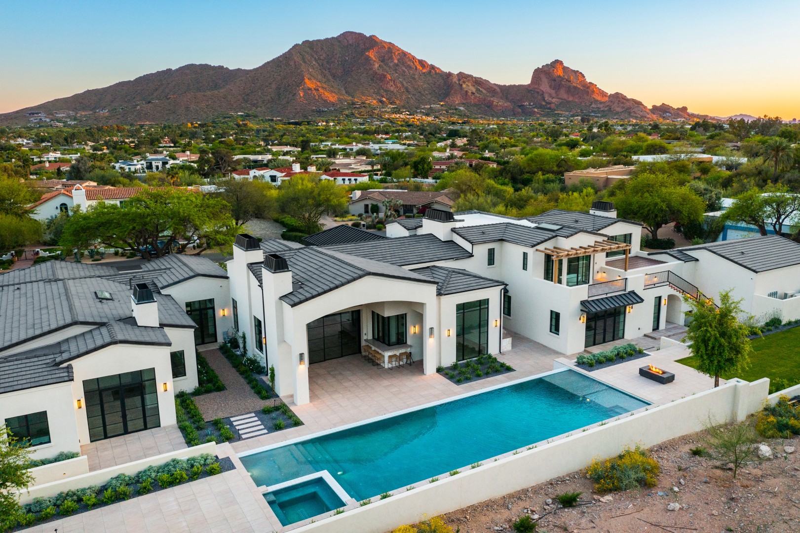 Aerial view of custom pool and backyard on Joshua Tree in Paradise Valley, AZ by Envy Pools