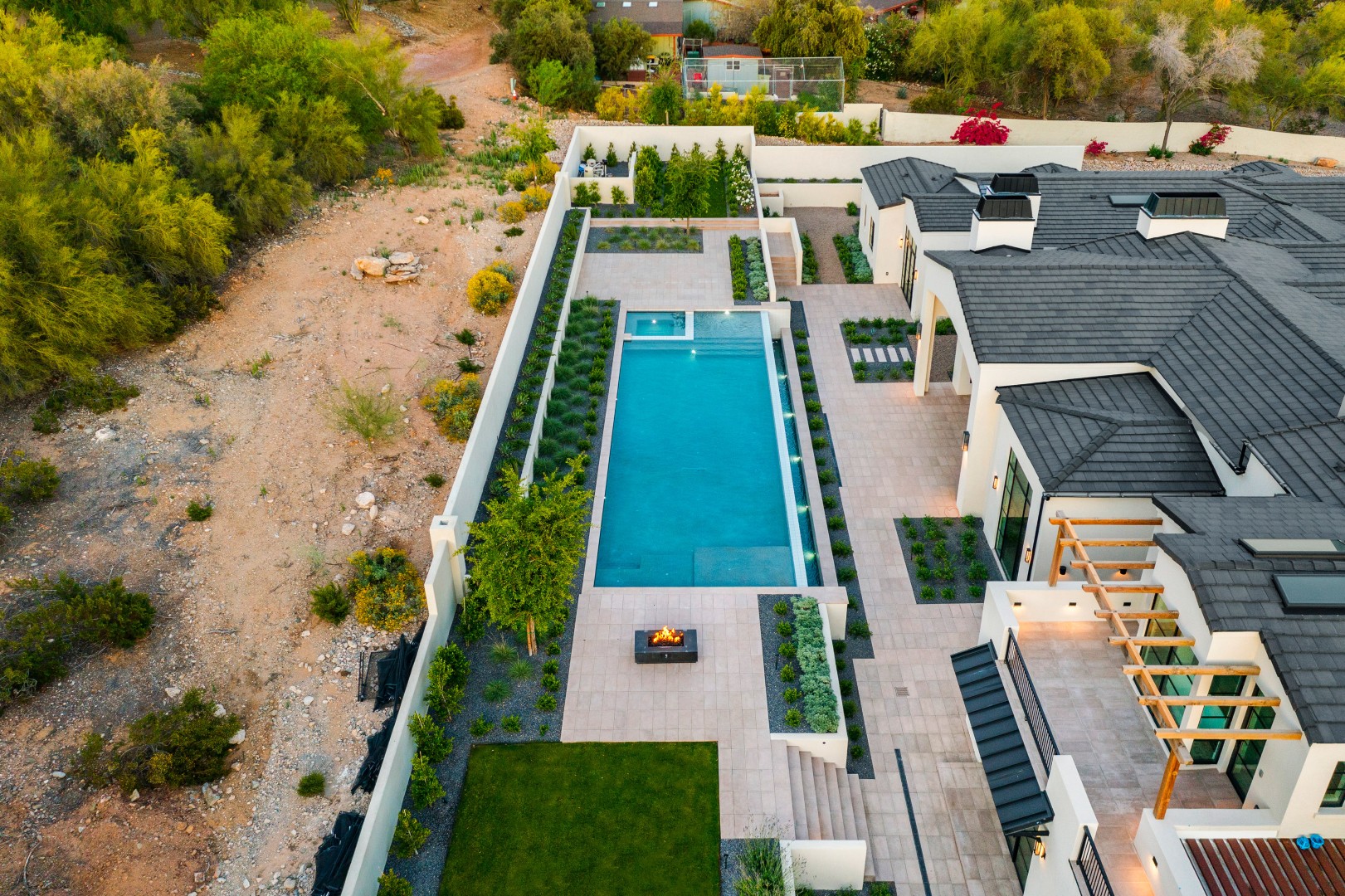 Aerial view of custom pool and backyard on Joshua Tree in Paradise Valley, AZ by Envy Pools