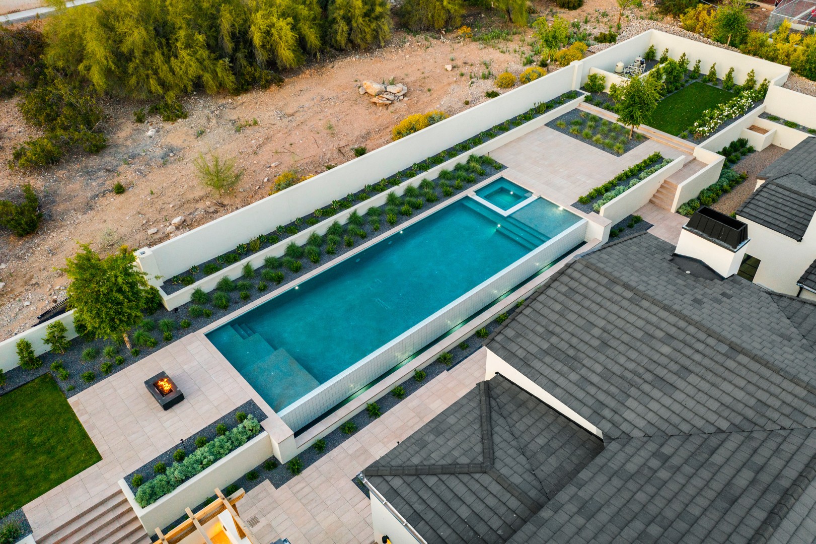 Aerial view of custom pool and backyard on Joshua Tree in Paradise Valley, AZ by Envy Pools