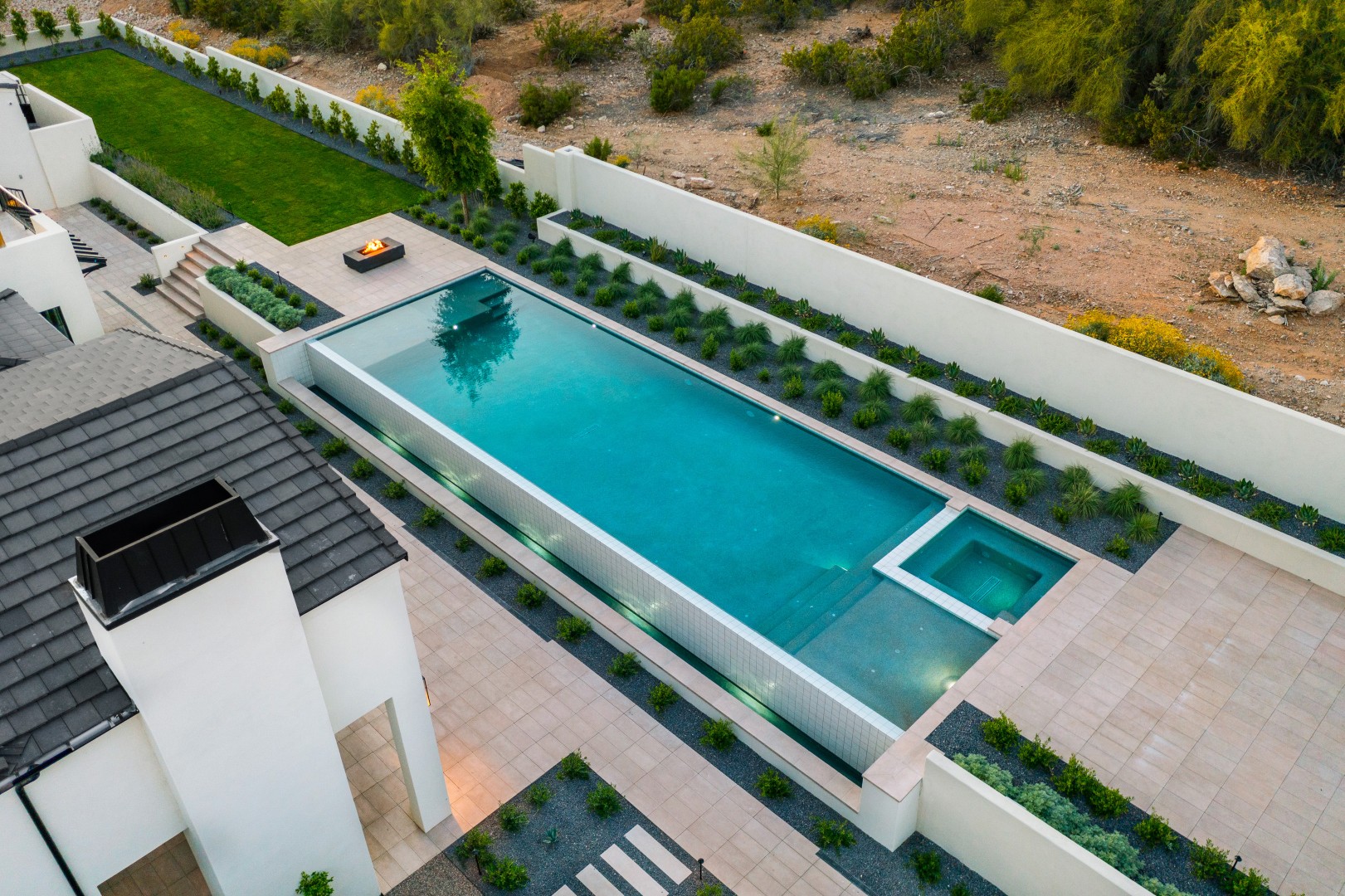 Aerial view of custom pool and backyard on Joshua Tree in Paradise Valley, AZ by Envy Pools