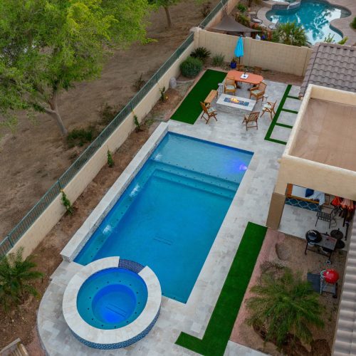 Aerial pool spa and patio at a Queen Creek, AZ home