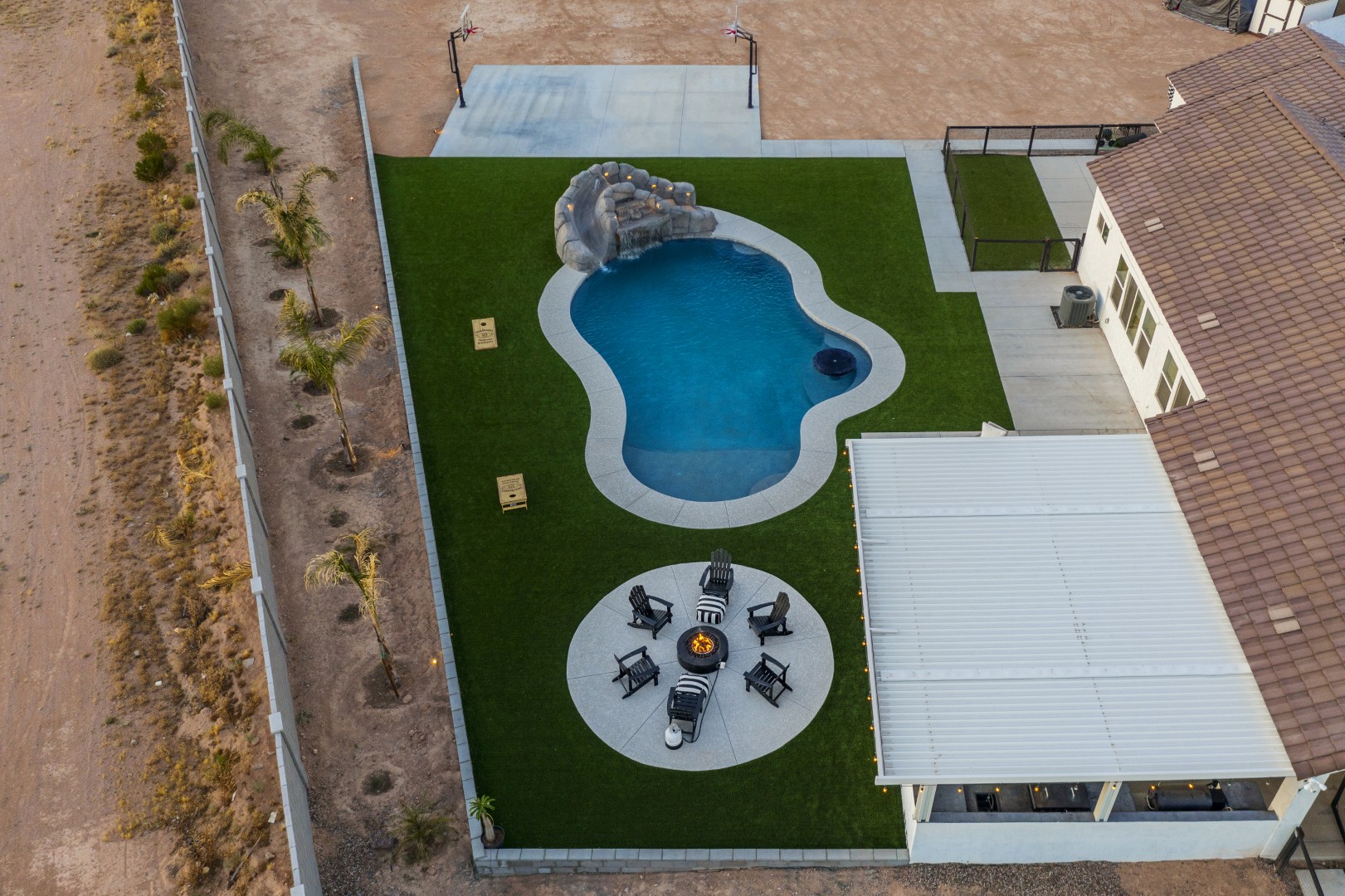 Aerial view of custom pool and backyard on Paoli Street in Queen Creek, AZ by Envy Pools
