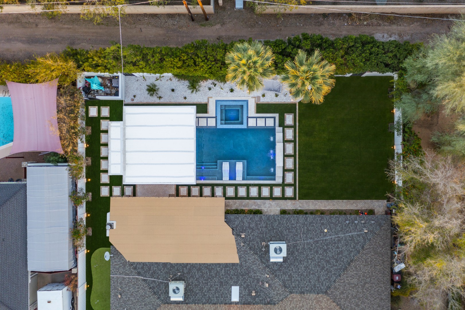 Aerial view of custom pool and backyard on 70th Street in Scottsdale, AZ by Envy Pools
