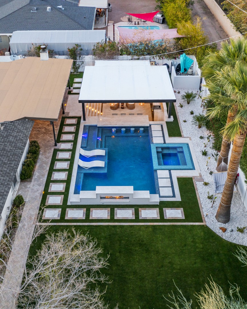 Aerial view of custom pool and backyard on 70th Street in Scottsdale, AZ by Envy Pools