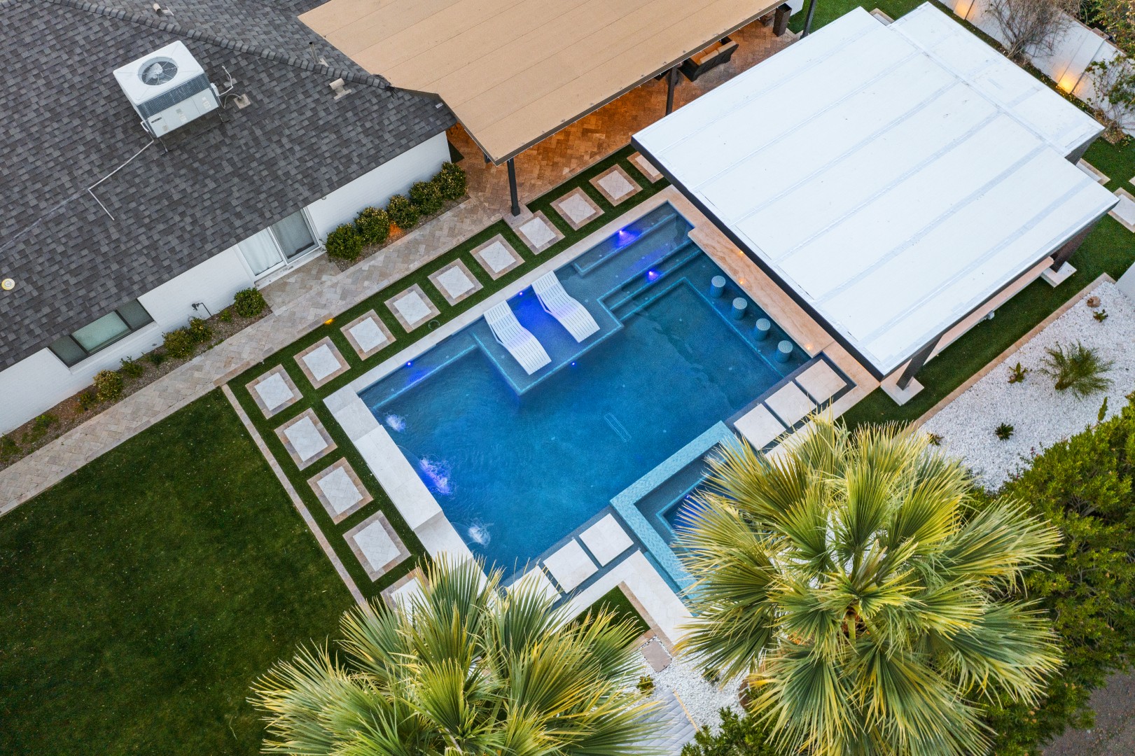 Aerial view of custom pool and backyard on 70th Street in Scottsdale, AZ by Envy Pools