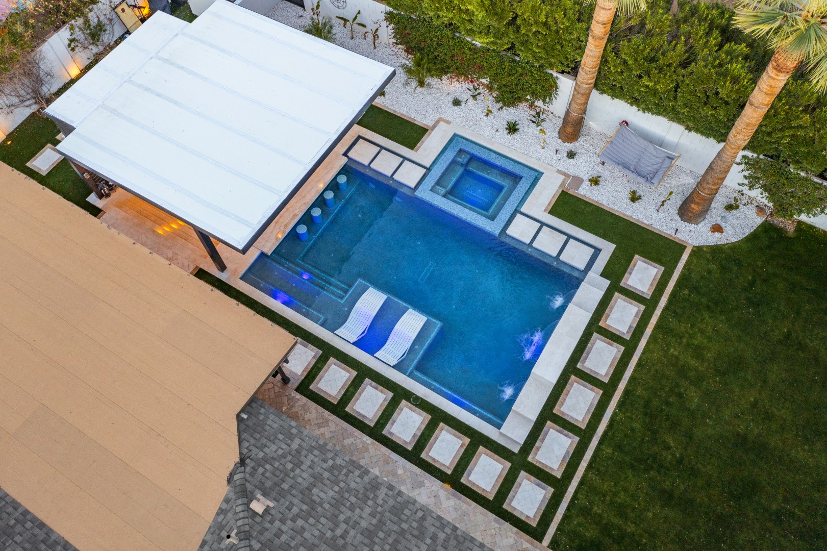 Aerial view of custom pool and backyard on 70th Street in Scottsdale, AZ by Envy Pools
