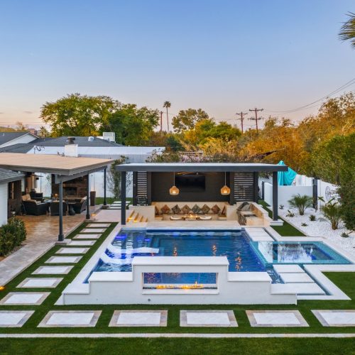 Aerial view of custom pool and backyard on 70th Street in Scottsdale, AZ by Envy Pools