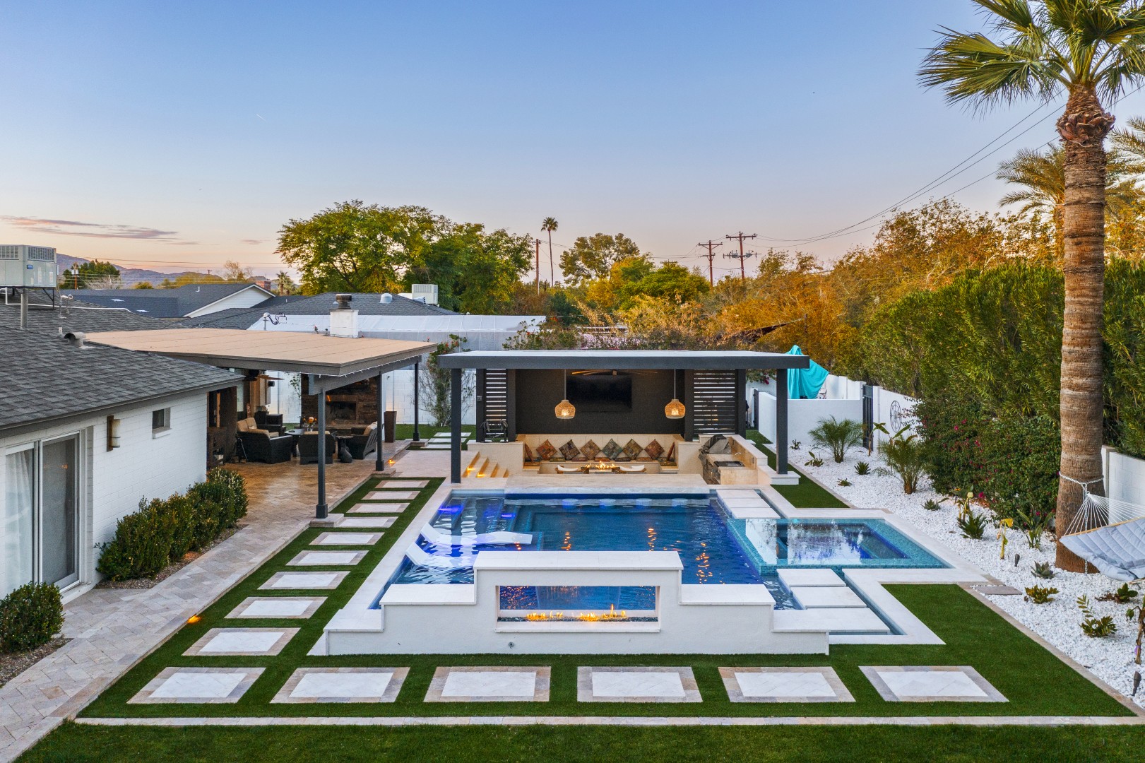 Aerial view of custom pool and backyard on 70th Street in Scottsdale, AZ by Envy Pools
