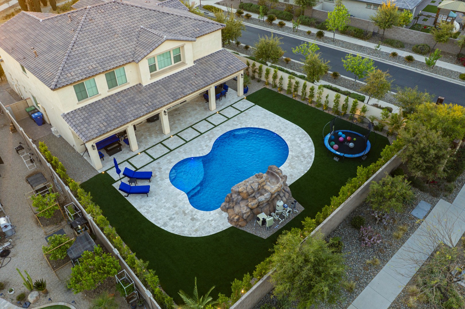 Aerial view of custom pool and backyard on Quantum Way in Mesa, AZ by Envy Pools