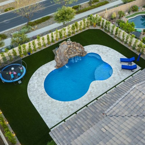 Aerial view of custom pool and backyard on Quantum Way in Mesa, AZ by Envy Pools