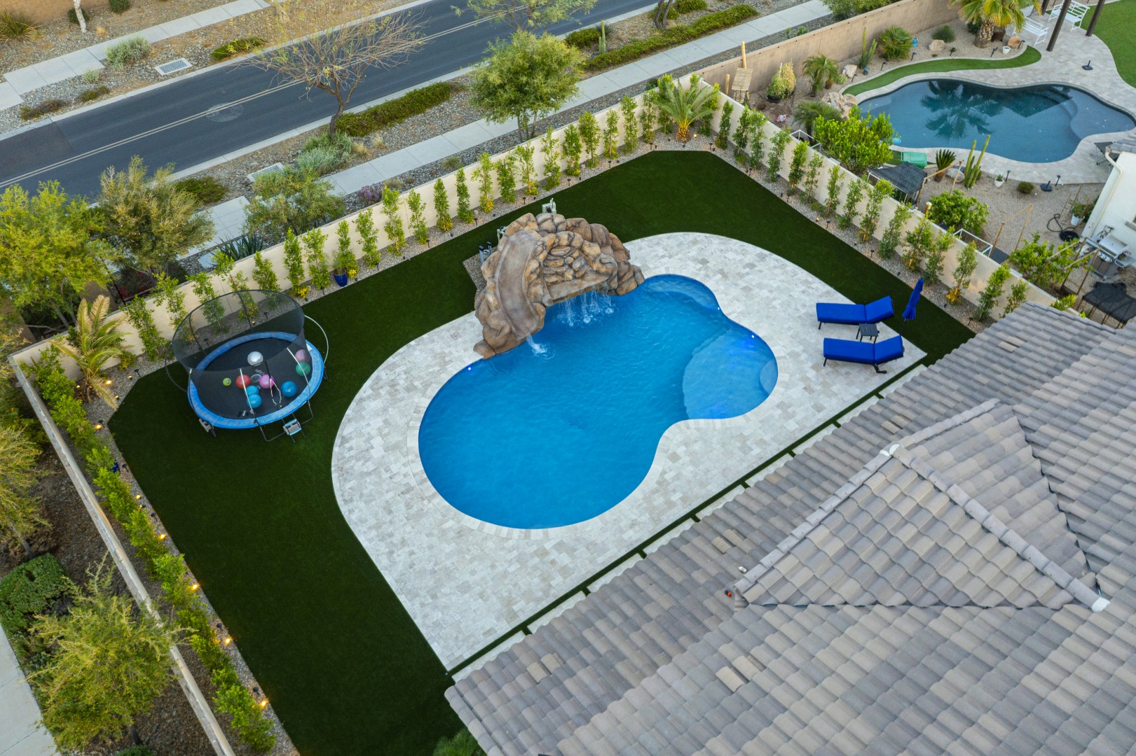 Aerial view of custom pool and backyard on Quantum Way in Mesa, AZ by Envy Pools
