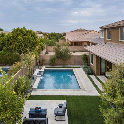 Aerial view of custom pool and backyard on Marlene Drive in Gilbert, AZ by Envy Pools