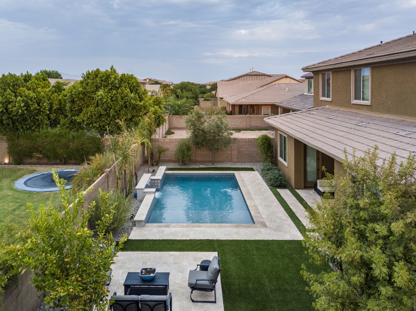 Aerial view of custom pool and backyard on Marlene Drive in Gilbert, AZ by Envy Pools