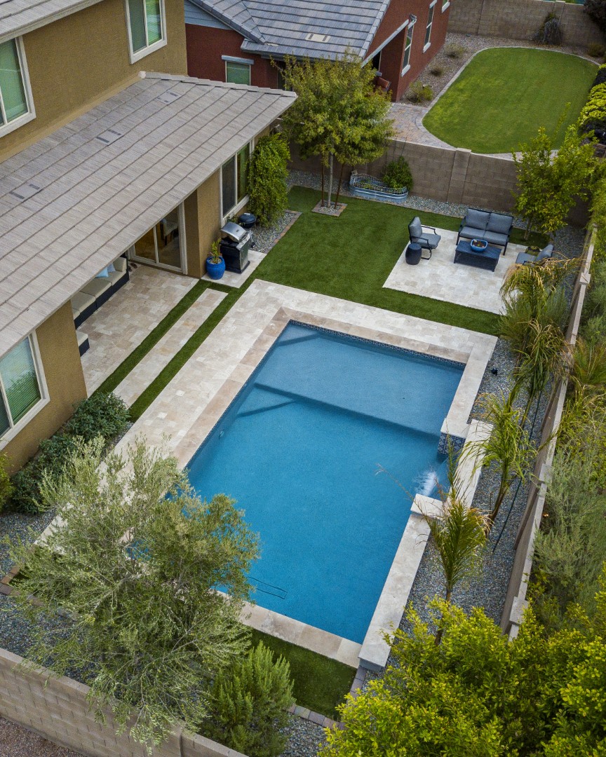 Aerial view of custom pool and backyard on Marlene Drive in Gilbert, AZ by Envy Pools