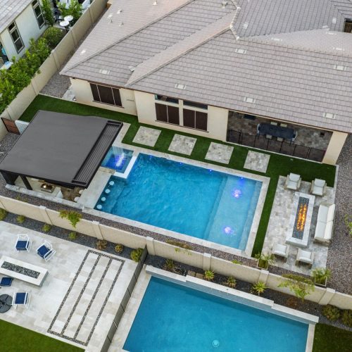 Aerial view of custom pool and backyard on Mead Drive in Gilbert, AZ by Envy Pools