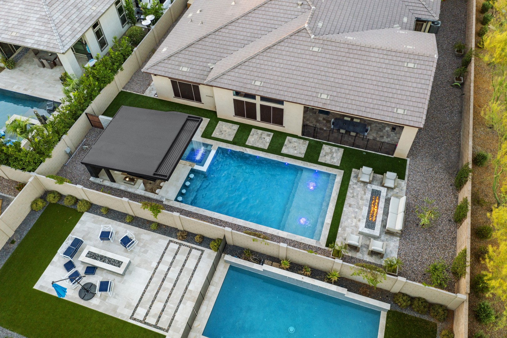 Aerial view of custom pool and backyard on Mead Drive in Gilbert, AZ by Envy Pools