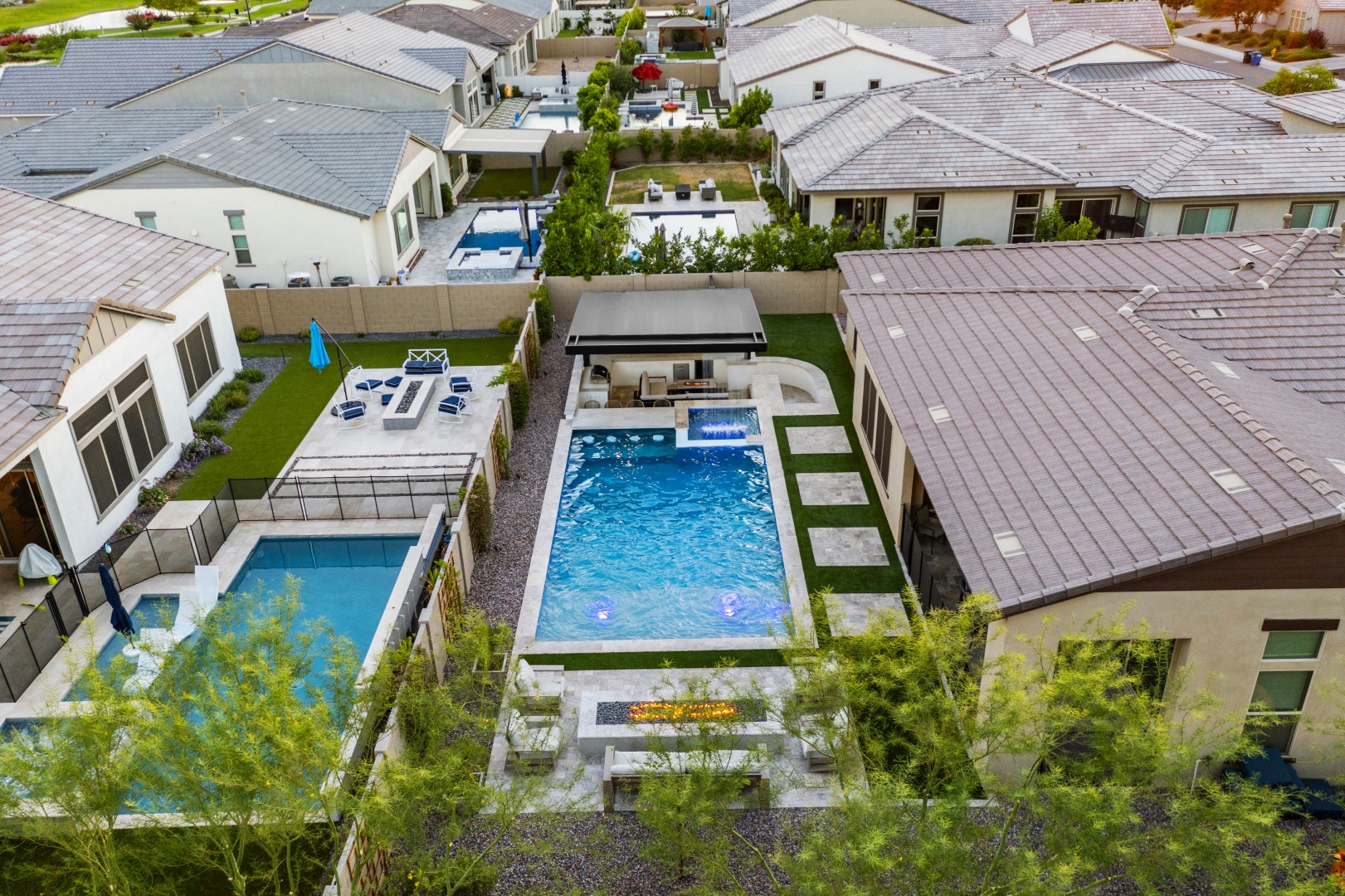 Aerial view of custom pool and backyard on Mead Drive in Gilbert, AZ by Envy Pools