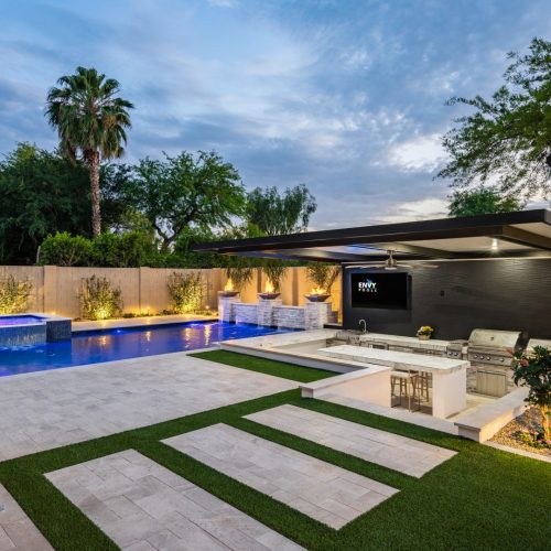 Pool, pergola and stepping pads on Stuart Avenue in Gilbert, AZ by Envy Pools