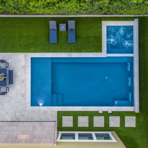 Aerial view of custom pool and backyard on Amber Lane in Gilbert, AZ by Envy Pools