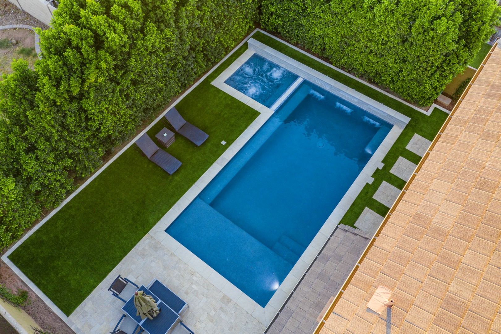 Aerial view of custom pool and backyard on Amber Lane in Gilbert, AZ by Envy Pools