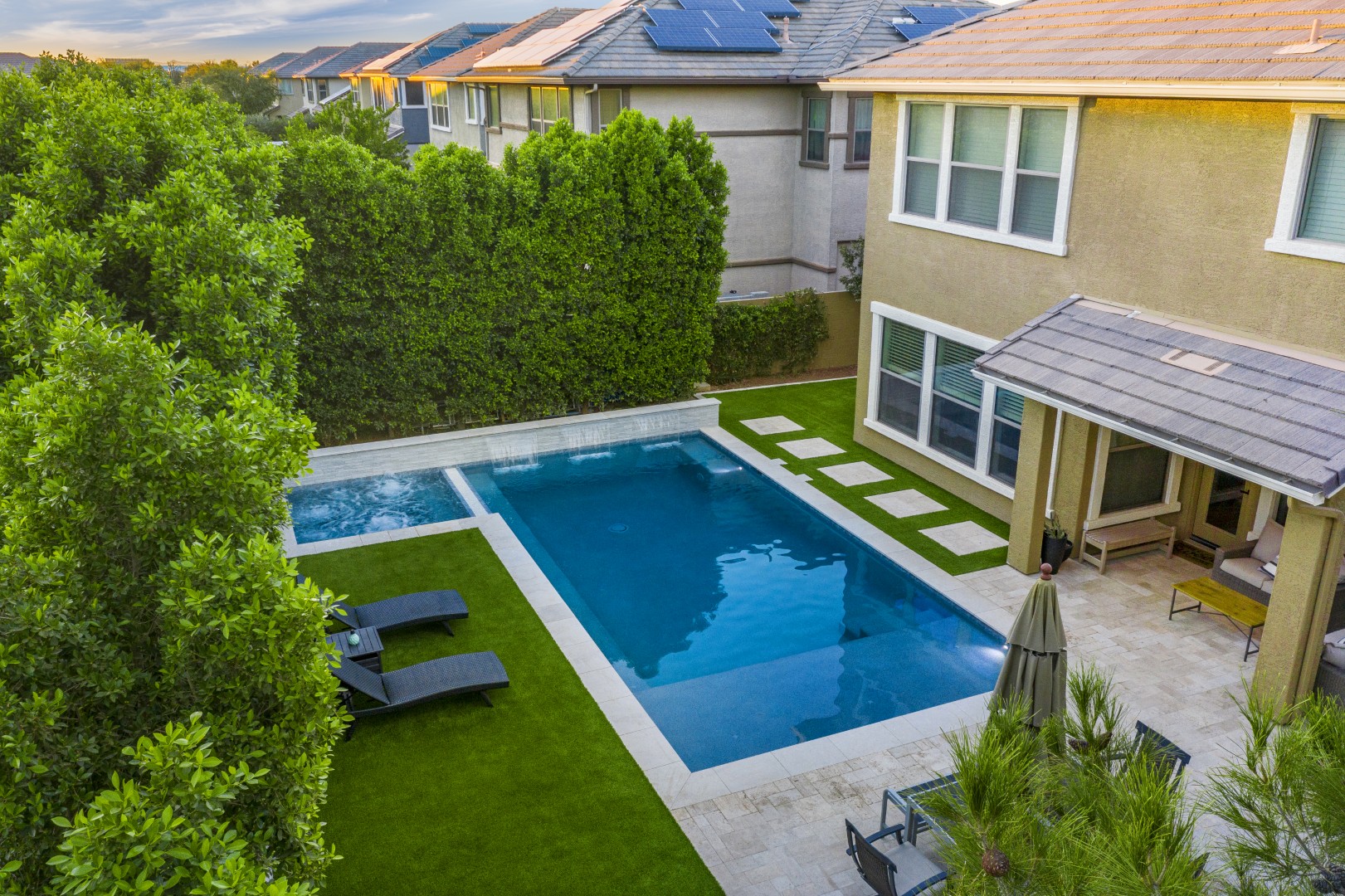 Aerial view of custom pool and backyard on Amber Lane in Gilbert, AZ by Envy Pools