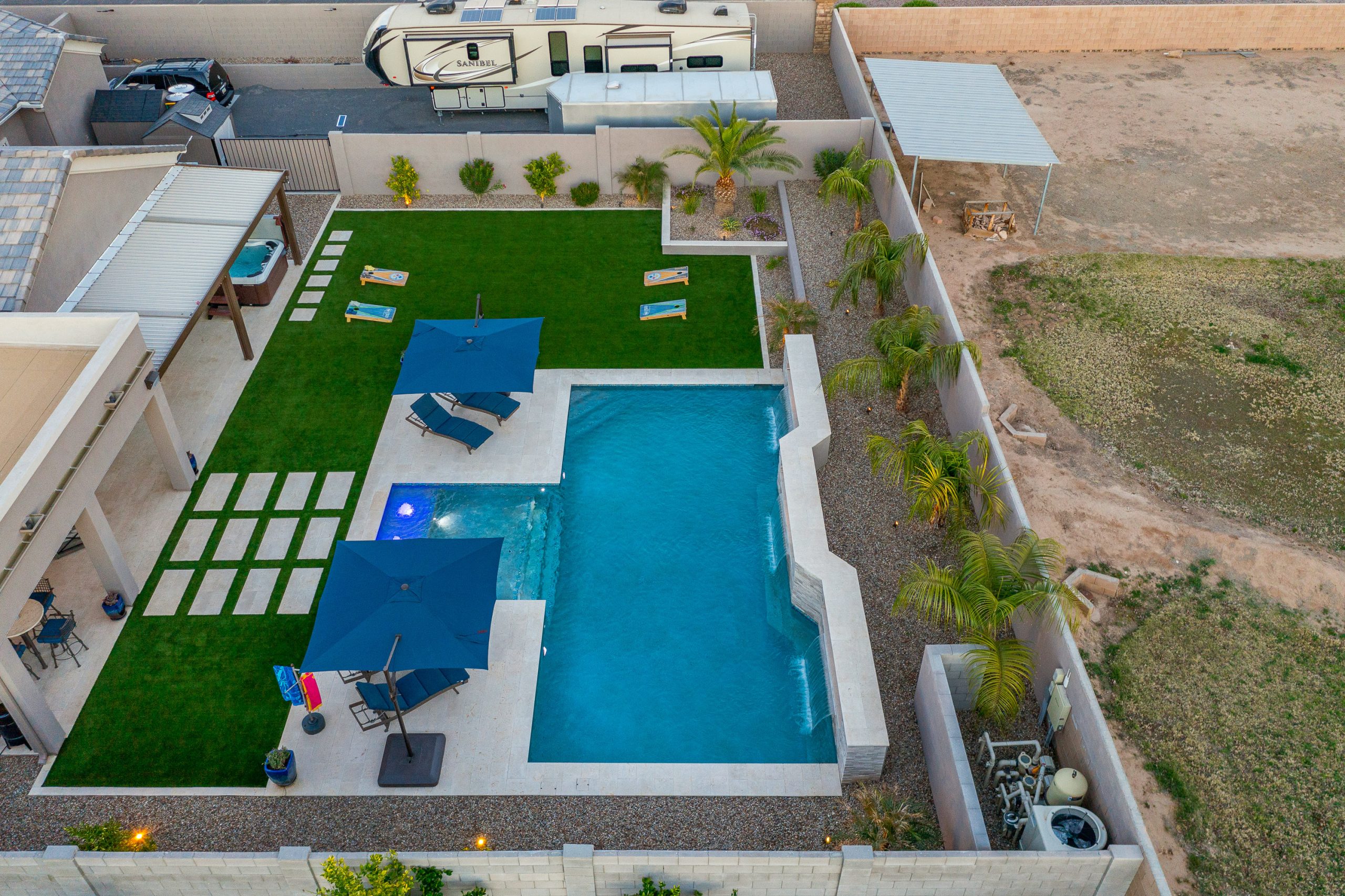 Overhead view of a custom pool and backyard layout in Queen Creek, AZ