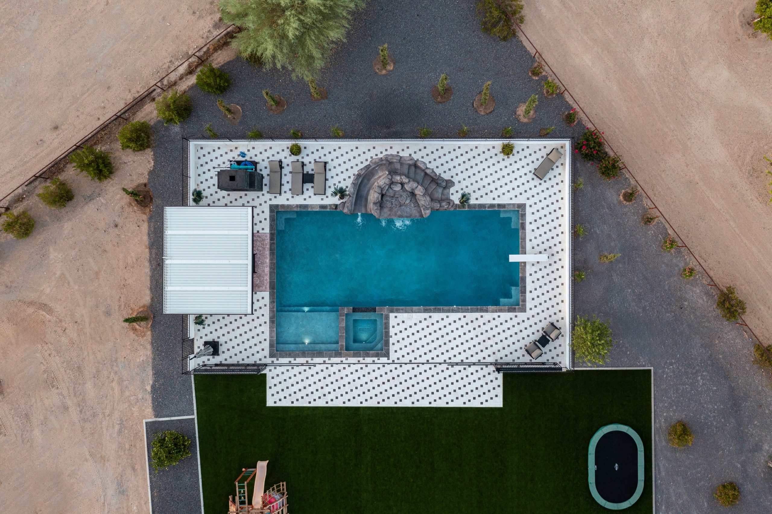 Aerial of a custom pool and raised spa in San Tan Valley, AZ